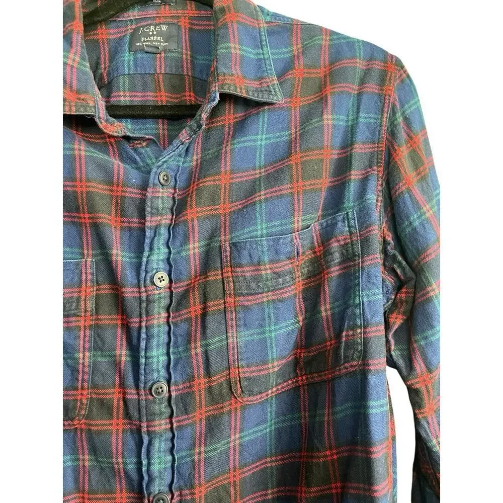 J Crew Flannel Shirt Slim Pockets Cotton Plaid Blue Green Red L Grunge Unisex
